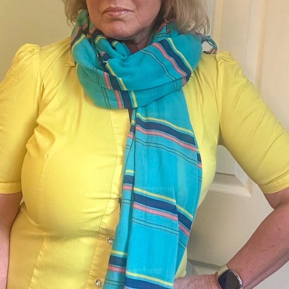 Long fashion striped scarf with fringe - teal, navy, yellow, salmon, green - Picture 9 of 11